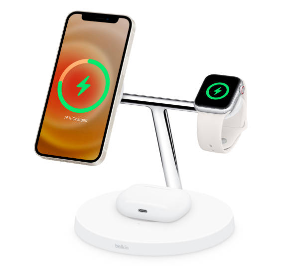 Magnetischer Ladeständer mit einem iPhone, einer Apple Watch und AirPods