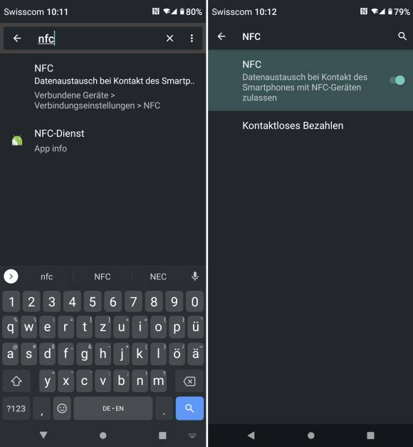 Zwei Screenshots zeigen den Weg zur NFC-Einstellungen