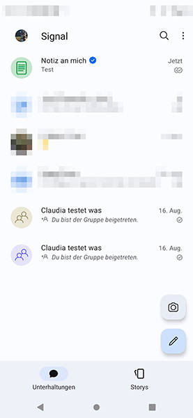 So sieht der digitale Notizzettel namens Notiz-an-mich in der Signal-Übersicht aus Signal-App mit Notiz-an-mich