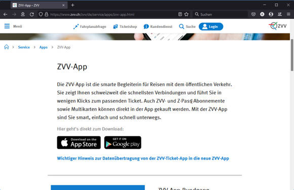 Webseite des ZVV mit den Links zu den Apps