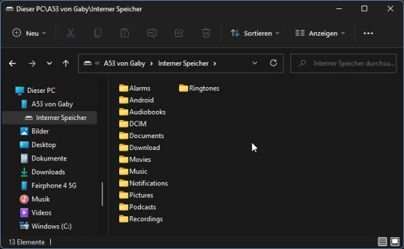 Windows-Explorer zeigt Ordner des angestöpselten Smartphones