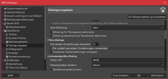 Die Gimp-Einstellung zu den Filterdialogen