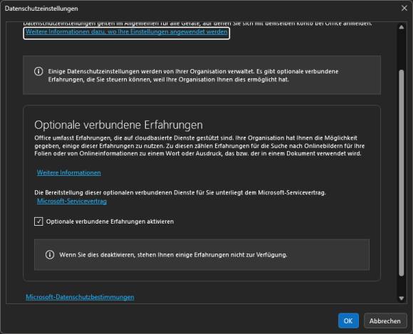 Screenshot der Outlook-Einstellung zu den "optional verbundenen Erfahrungen"