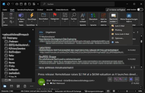 Screenshot von Outlook, hier mit vorhandenem "Nachricht melden"-Add-in 