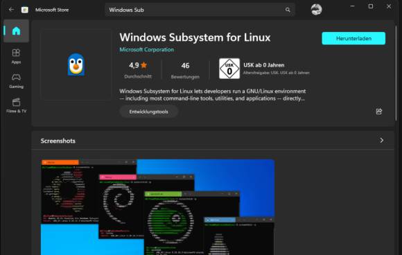 Screenshot des "Windows Subsystems für Linux" im Microsoft Store 