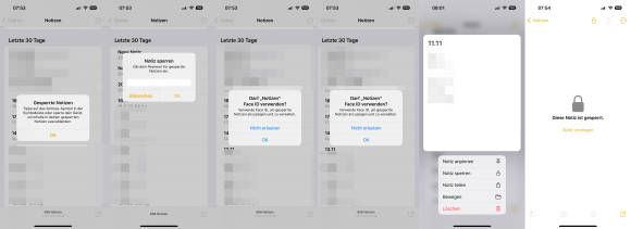Screenshots zeigen das Sperren von Notizen 