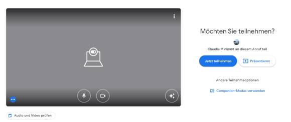 Google-Meet-Fenster mit Link zum Companion-Modus
