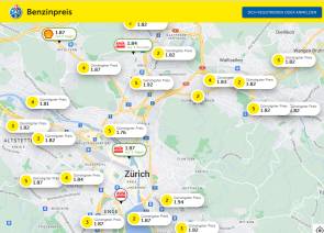 TCS-Benzinpreis-Radar zeigt Kartenausschnitt mit markierten Tankstellen und den Preisen 