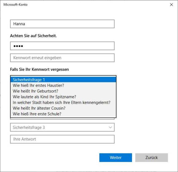 Screenshot zeigt Sicherheitsfragen beim Einrichten eines Windows-Kontos