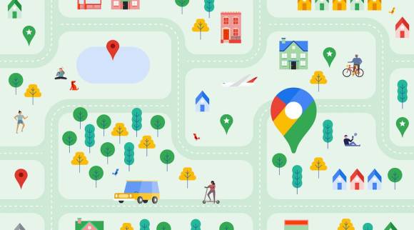 Google-Maps-Symbolbild mit Kartensymbolen und Piktogrammen 