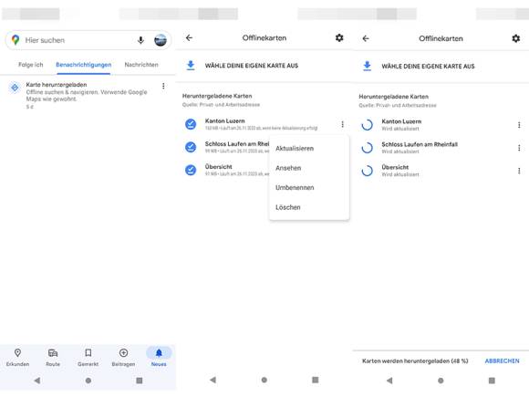 Screenshots zeigen das Aktualisieren der Karten in Google Maps für Android