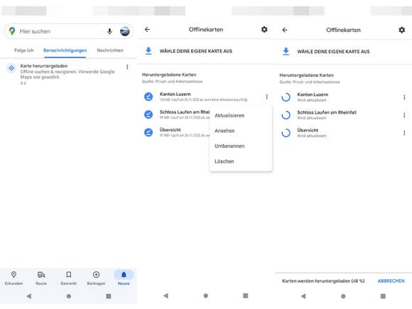 Screenshots zeigen das Aktualisieren der Karten in Google Maps für Android