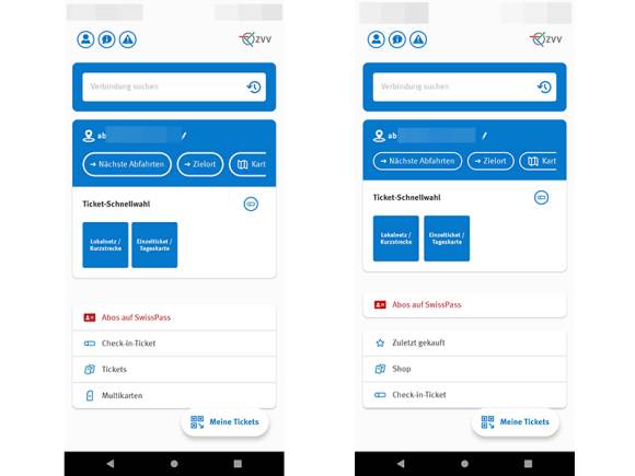 ZVV-App für Android, links die vorherige Version, rechts die neue