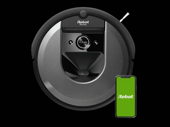 Ein Staubsaug-Roboter iRobot Roomba i7 in Dunkelgrau und Schwar