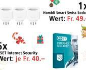 Adventskalender-Banner mit einem Hombli Smart Socket und einem ESET-Internet-Security-Paket
