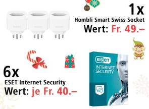 Adventskalender-Banner mit einem Hombli Smart Socket und einem ESET-Internet-Security-Paket 