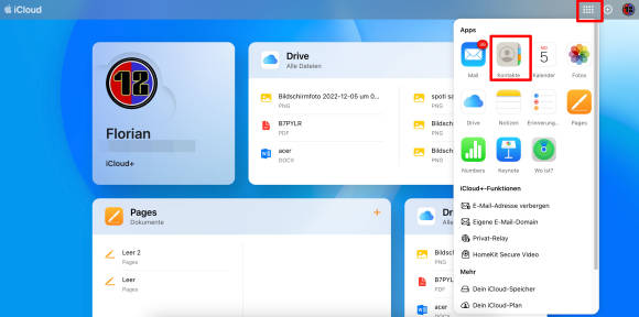 iCloud im Webbrowser, markiert ist die Kontakte-Funktion 