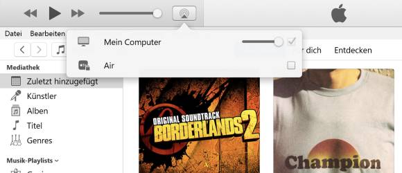 Ein Auschnitt von iTunes für Windows zeigt, wo die Ton-Ausgabe auf ein AirPlay-Gerät erfolgt