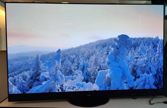 Der Fernseher zeigt verschneite Baumwipfel