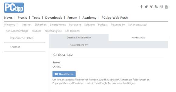 2FA im PCtipp-Benutzerkonto aktiv