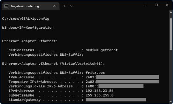 Screenshot der Eingabeaufforderung zeigt die IP-Adresse