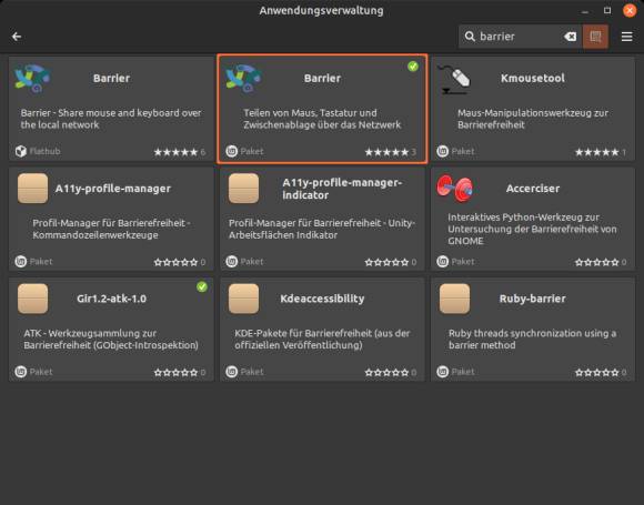 Screenshot der Linux-Anwendungsverwaltung mit den gefundenen zwei Barrier-Varianten