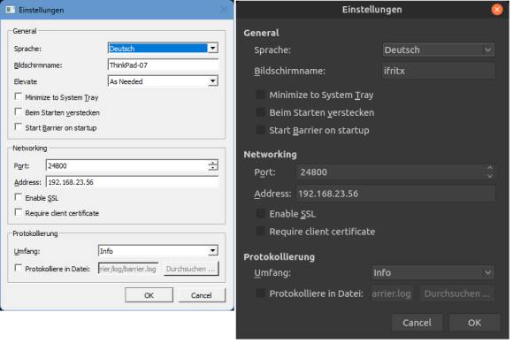 Die Einstellungdetails des Servers (links) und Clients (rechts)