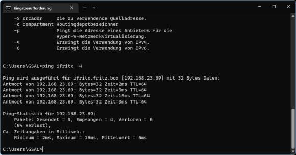 Mit dem Schalter -4 wird die IPv4-Adresse für den Ping verwendet