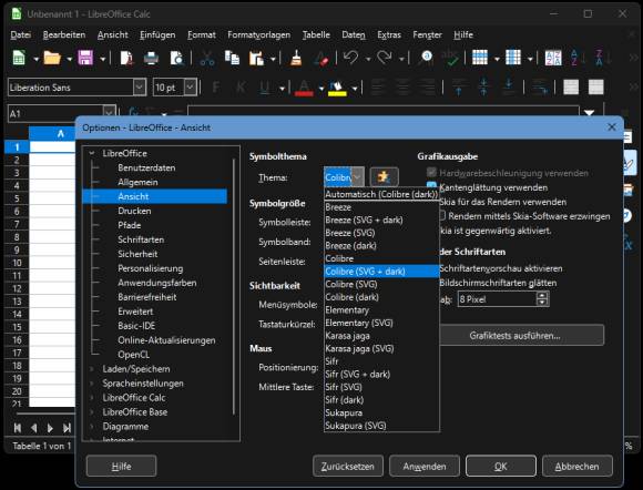 LibreOffice im Dunkelmodus, hier mit den Symbol-Einstellungen