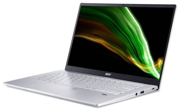 Ein Acer Swift 3 Notebook, aufgeklappt, silbergraues Gehäuse 