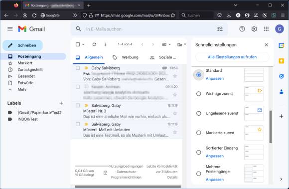 Google-Mail mit den Schnelleinstellungen und dem Umschalten auf Standard-Ansicht