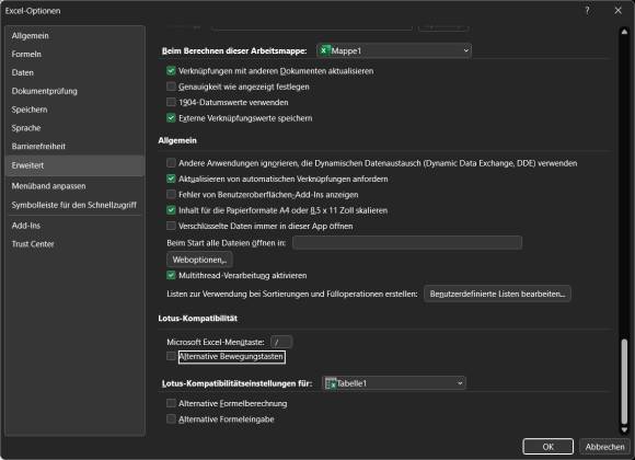 Erweiterte Excel-Einstellungen mit den Optionen zur Lotus-Kompatibilität