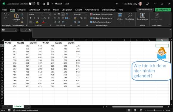 In einer Excel-Tabelle befindet sich der Cursor weit nach dem Ende der letzten befüllten Spalten, darunter ein sich wunderndes Emoji: "Wie bin ich denn hier hinten gelandet?" 