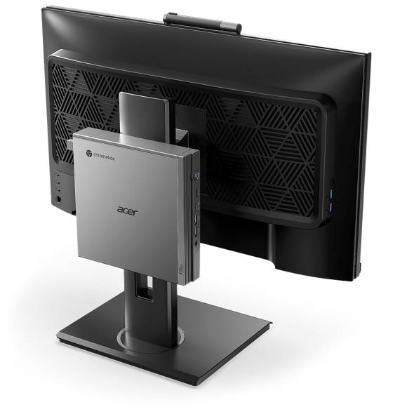 Die Acer Chromebox CXI5 ist auf der Rückseite eines Bildschirm montiert