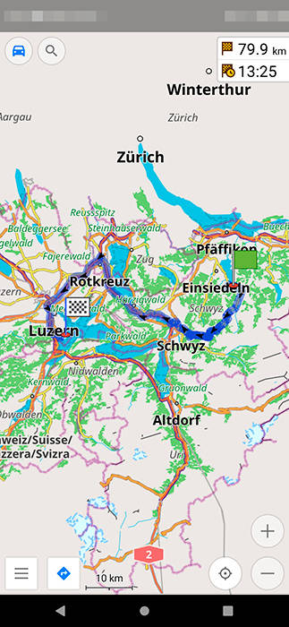 So sieht eine Route in der OSMAnd-App für Android aus Route in der OSMAnd-App
