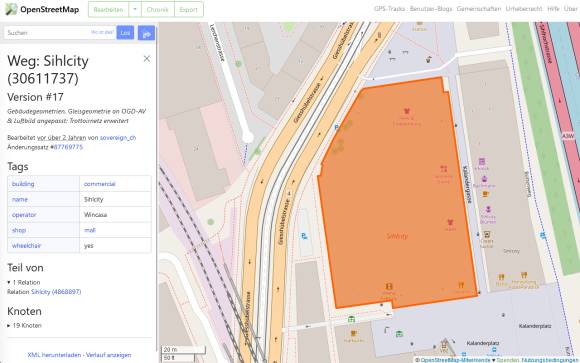 OpenStreetMap für Sihlcity, Zürich