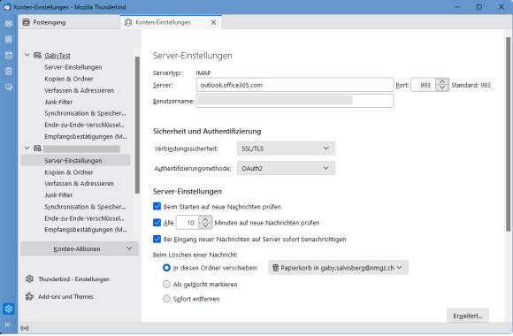Die Thunderbird-Einstellungen zur Authentifizierungsmethode