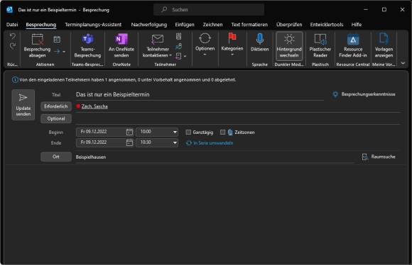 Screenshot eines Outlook-Termins ohne angefügte Teams-Besprechung 