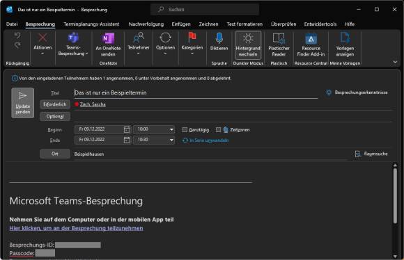 Screenshot des Termins, jetzt mit vorhandener Teams-Besprechung