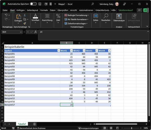 In der Excel-Tabelle ist jetzt auch die Zeile "Beispiel17" ein Teil des Tabellenobjekts