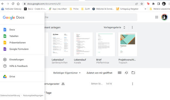 Beispiel der Google-Docs-Anwendung im Browser