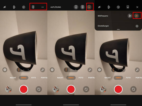 Drei Screenshots der Kamera-App zeigen die Einstellungen 