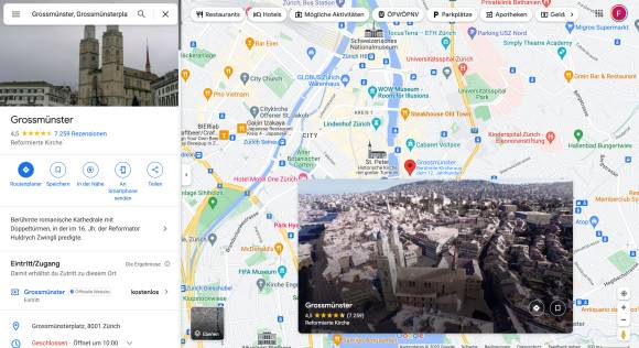 Screenshot von Google Maps zeigt die Karte der Stadt Zürich und das 3D-Bild des Grossmünsters 