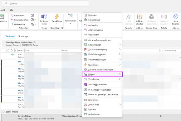 Outlook-Screenshot der das Menü mit dem Befehl "Regeln" zeigt 