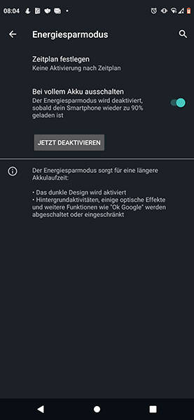 Wenn der Energiesparmodus an ist, werden u. a. Hintergrundaktivitäten eingeschränkt oder ausgeschaltet Android-Einstellungen Akku