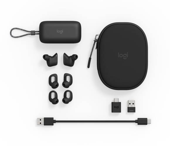 Verpackungsinhalt Zone True Wireless: Etui, Lade-Hülle, kurzes USB-Kabel, Ohrstöpsel, zwei USB-Dongles, zwei zusätzliche Stöpsel-Aufsätze