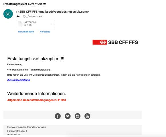 Screenshot der gefälschten SBB-Mail 