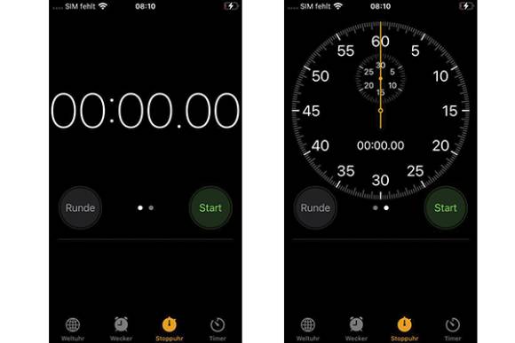 iPhone-Uhr-App, einmal im digitalen, einmal im analogen Anzeigestil 