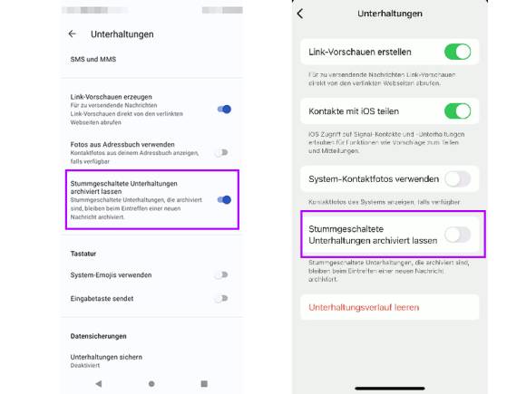 Einstellungen Android (links) und iOS 