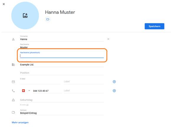 Ein Beispiel-Eintrag in den Google-Kontakten zeigt auch ein Feld "Nachname, phonetisch"